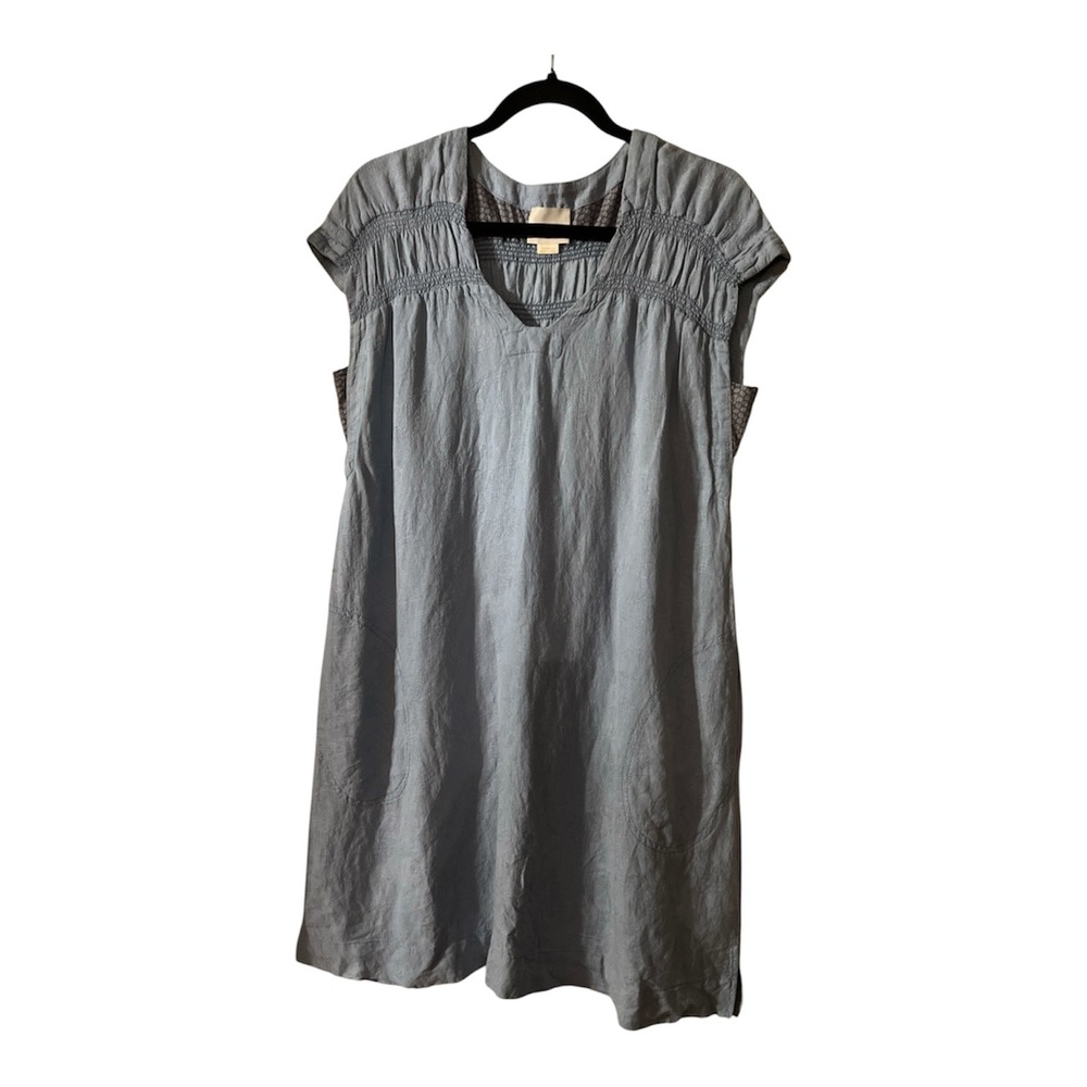 Maeve Anthropologie Blue Linen Smocked Jacquard Shift Dress V-Neck Pockets XS - Picture 1 of 4